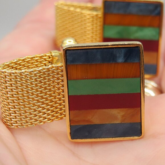 Destino Cuff Links Inlay Stripes Gold Tone - Picture 1 of 9